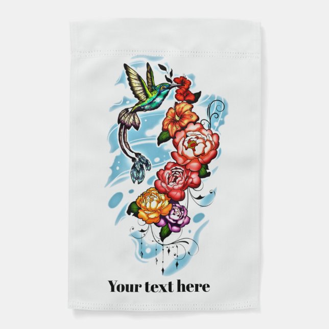 Garden Flag Hummingbird and Flowers on white (Front)