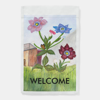GARDEN FLAG Watercolor Painting of Grass & Flowers