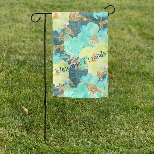 Garden Flag Welcome Friends Aqua/Gold (In SItu)
