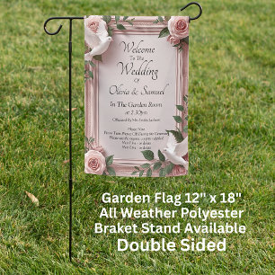 Garden Flag - Welcome Sign Wedding Pink Rose Dove