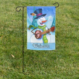 Garden flag with cartoon snowman playing guitar
