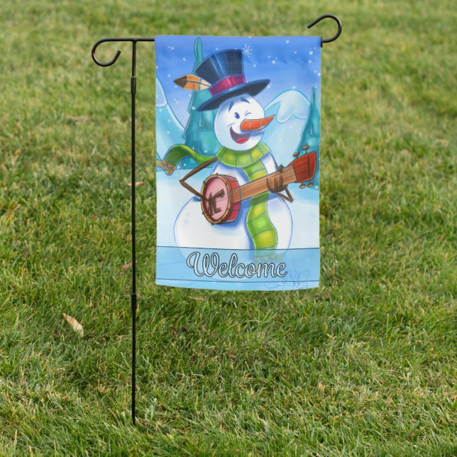 Garden flag with cartoon snowman playing guitar (In SItu)