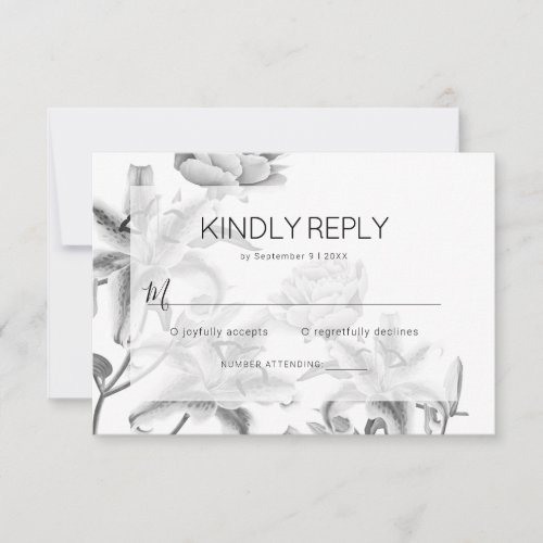 Garden Flora Black White Wedding RSVP Card - Sophisticated black & white wedding response cards featuring a plain bright white background, elegant grayscale garden watercolor florals, and a modern rsvp template that can easily be personalized.