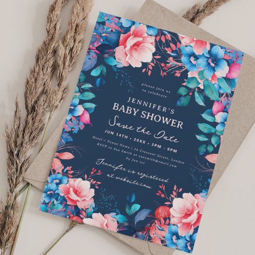Garden Floral Baby Shower Blue Pink Save Date Navy Invitation