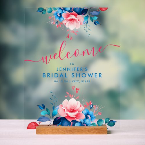 Garden Floral Bridal Shower Welcome Blue Pink Acrylic Sign