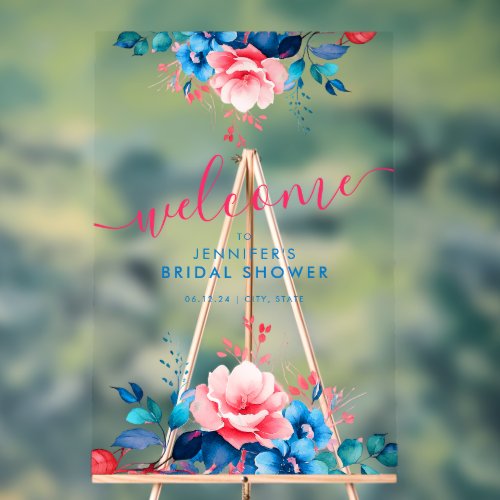 Garden Floral Bridal Shower Welcome Blue Pink Acrylic Sign