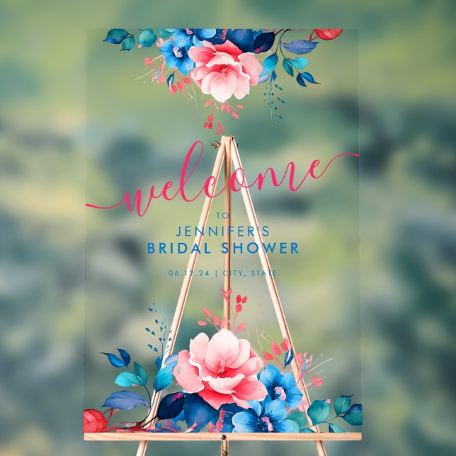Garden Floral Bridal Shower Welcome Blue Pink Acrylic Sign (Neutral)