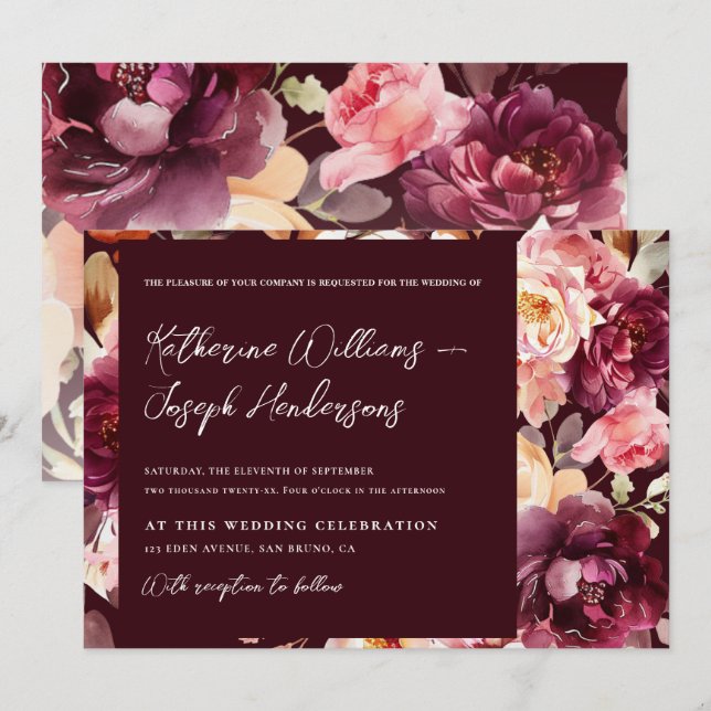 Garden Floral Burgundy Script calligraphy Wedding Invitation (Front/Back)