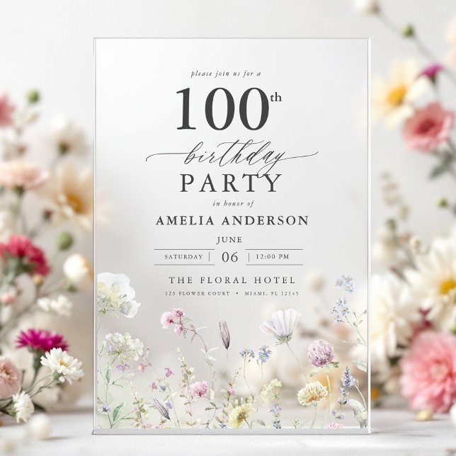 Garden Floral Calligraphy 100th Birthday Acrylic Invitations (Creator Uploaded)