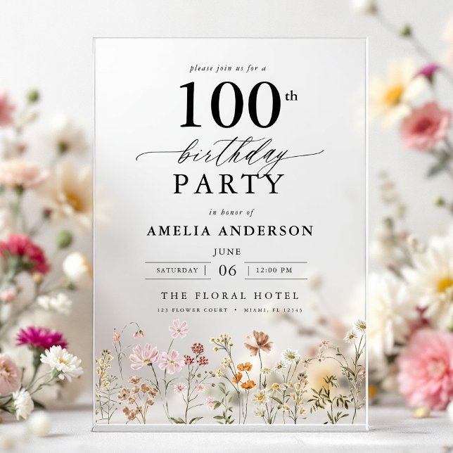 Garden Floral Calligraphy 100th Birthday Acrylic Invitations (Creator Uploaded)
