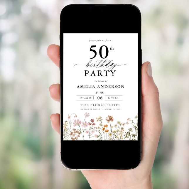 Garden Floral Calligraphy 50th Birthday Invitation (Front Digital)