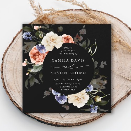 Garden Floral Circle Frame Black Wedding Invitation