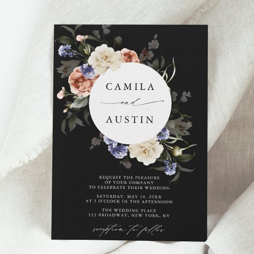 Garden Floral Circle Frame Black Wedding Invitation