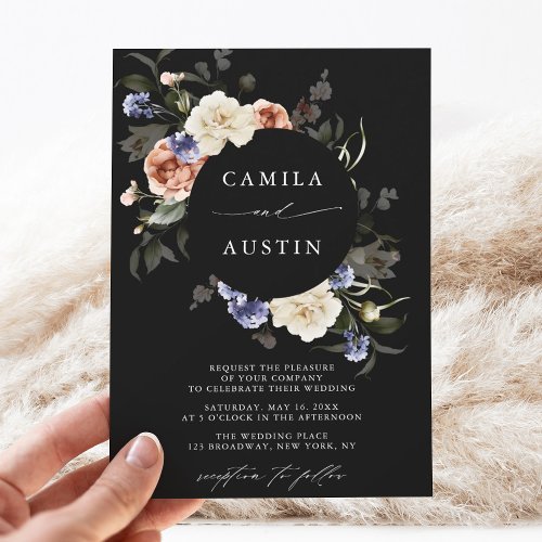 Garden Floral Circle Frame Black Wedding Invitation