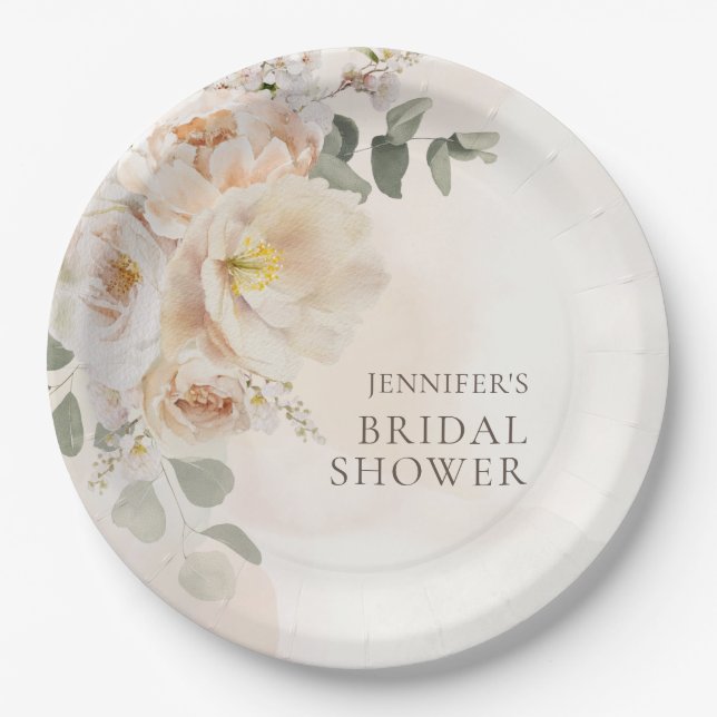 Garden Floral Eucalyptus Bridal Shower Paper Plates (Front)