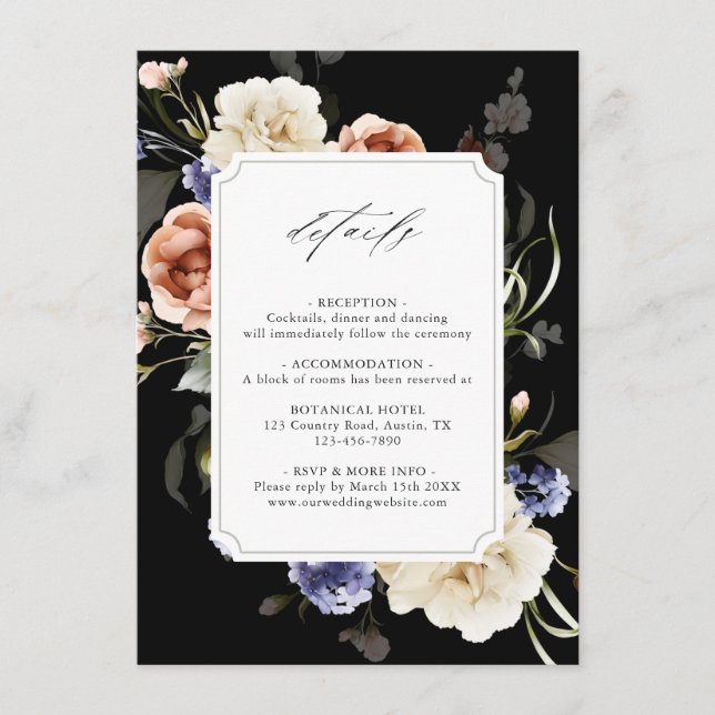 Garden Floral Frame Elegant Wedding Details Black Enclosure Card (Front)