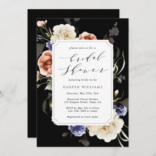 Garden Floral Frame Watercolor Bridal Shower Black Invitation