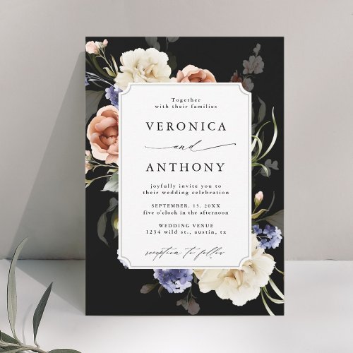 Garden Floral Frame Watercolor Wedding Black Invitation