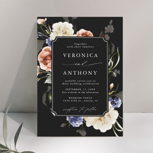 Garden Floral Frame Watercolor Wedding Black Invitation