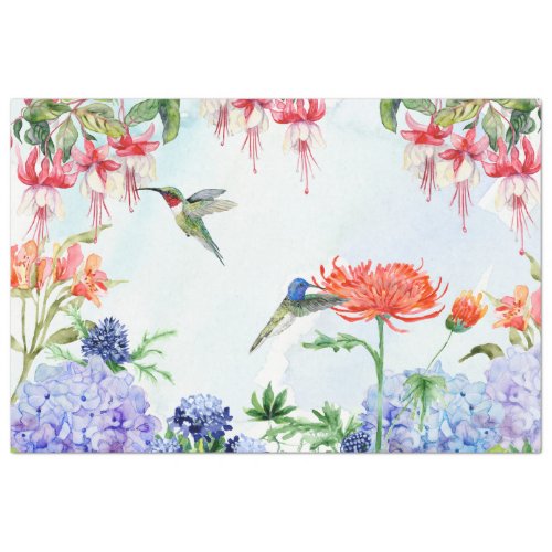 Garden Floral Hummingbird Watercolor Decoupage Tissue Paper