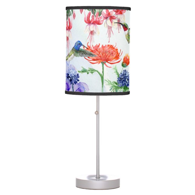 Garden Floral Hydrangea Orange Blooms Hummingbird Table Lamp (Front)