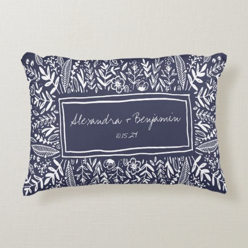 Garden Floral in Blue Border Personalized Wedding  Accent Pillow