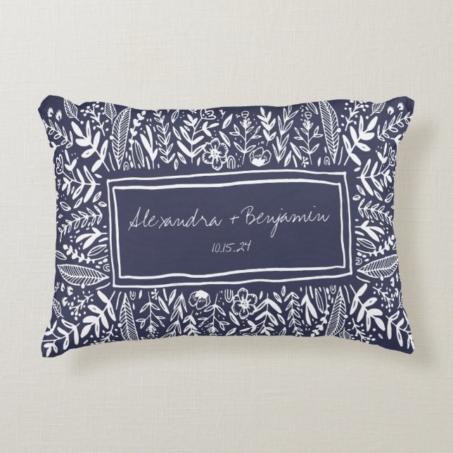 Garden Floral in Blue Border Personalized Wedding  Accent Pillow (Front)