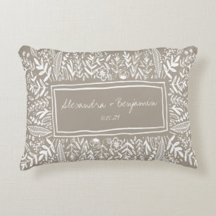 Garden Floral in Tan Border Personalized Wedding Accent Pillow