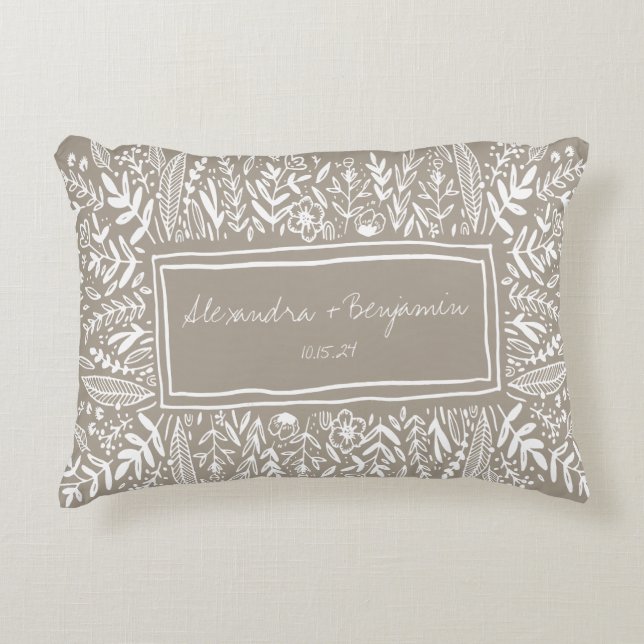 Garden Floral in Tan Border Personalized Wedding  Accent Pillow (Front)