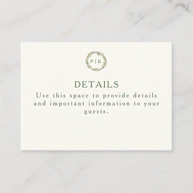 Garden Floral Monogram Wreath Pink Green Wedding  Enclosure Card (Front)