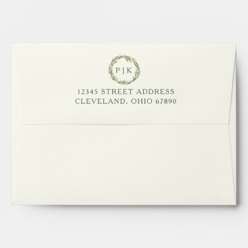 Garden Floral Monogram Wreath Pink Green Wedding Envelope - This minimalist wedding invitation envelope features your initials framed in a watercolor floral wreath in pink and green and return address. Please message me with any question or requests.
