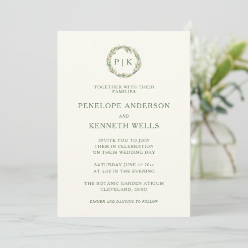 Garden Floral Monogram Wreath Pink Green Wedding Invitation - This minimalist wedding invitation features your initials framed in a watercolor floral wreath in pink and green. Please message me with any question or requests.