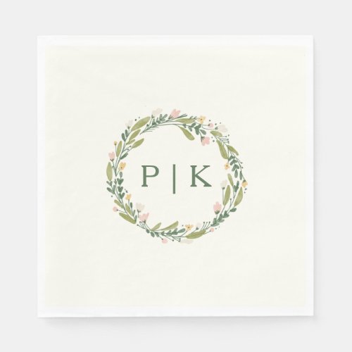 Garden Floral Monogram Wreath Pink Green Wedding Napkins