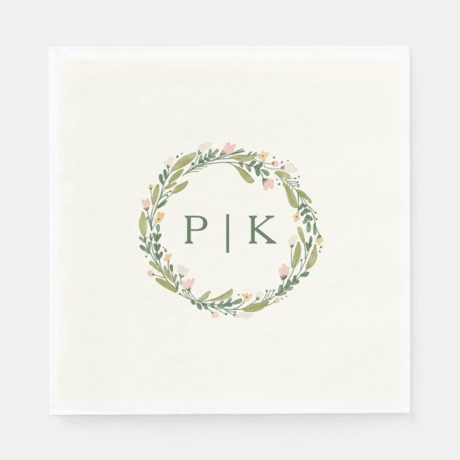 Garden Floral Monogram Wreath Pink Green Wedding Napkins (Front)