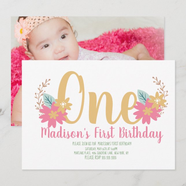 Garden Floral Pink Party First Birthday Invitation (Front/Back)