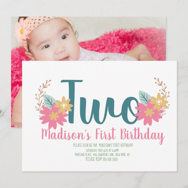 Garden Floral Pink Party Turning Two Birthday Invitation (Front/Back)