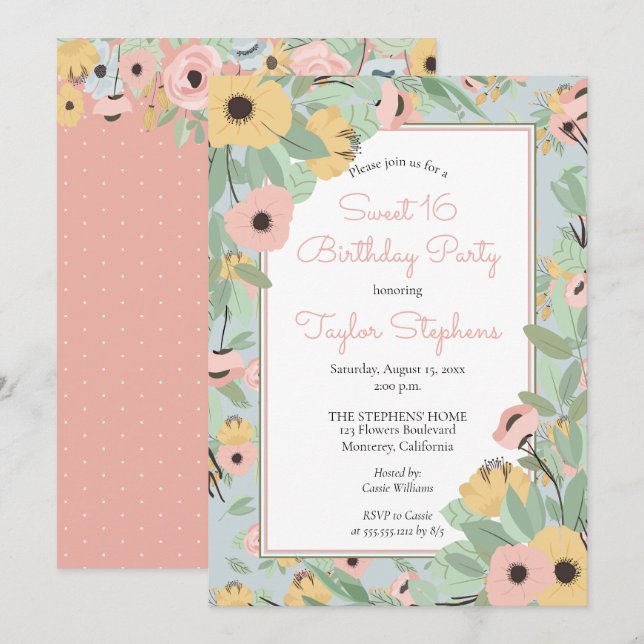 Garden Floral Pink | Yellow Bouquet Sweet 16 Party Invitation (Front/Back)