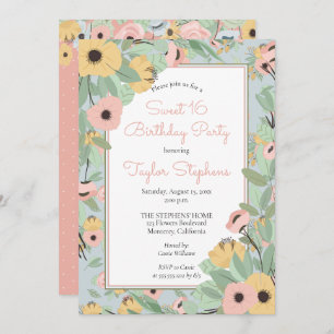 Garden Floral Pink Yellow Bouquet Sweet 16 Party Invitation