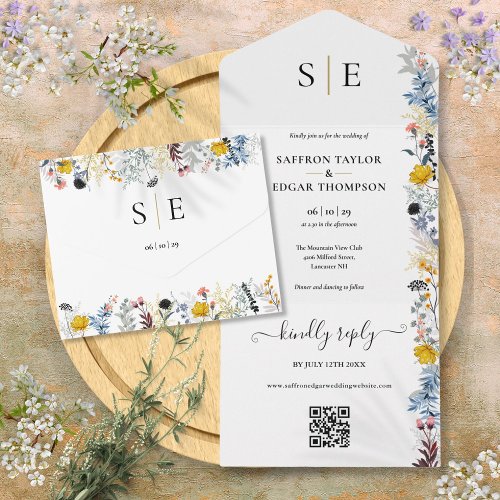 Garden Floral QR Code Elegant Monogram Wedding All In One Invitation