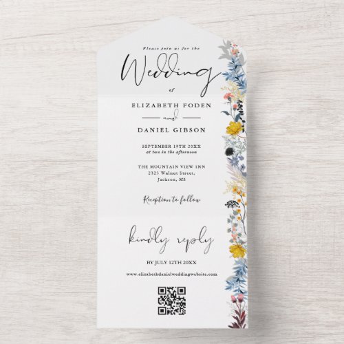 Garden Floral QR Code Elegant Script Wedding All In One Invitation
