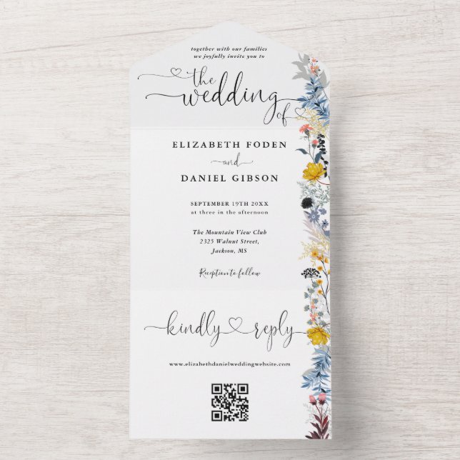 Garden Floral QR Code Hearts Script Wedding All In One Invitation (Inside)