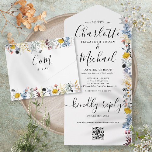Garden Floral QR Code Signature Script Wedding All In One Invitation