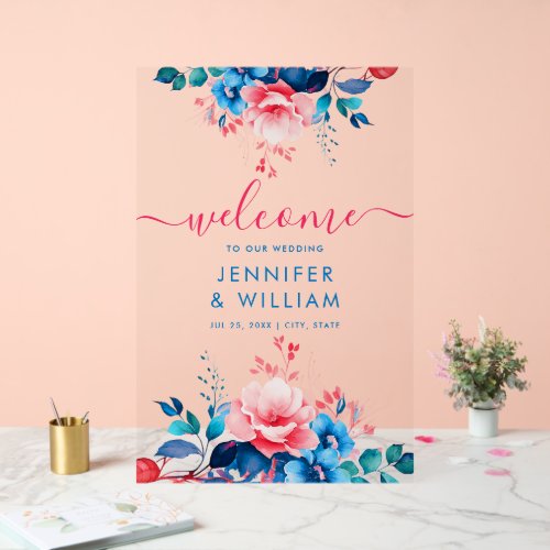 Garden Floral Script Wedding Welcome Blue  Pink Acrylic Sign