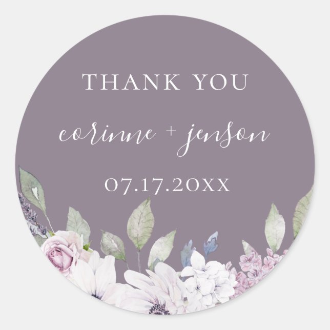 Garden Floral Violet Wedding Favor Classic Round Sticker (Front)