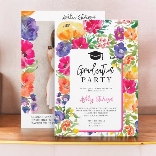 Garden floral watercolor photo graduation invitation