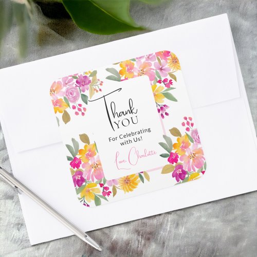 Garden floral watercolor thank you bridal shower square sticker