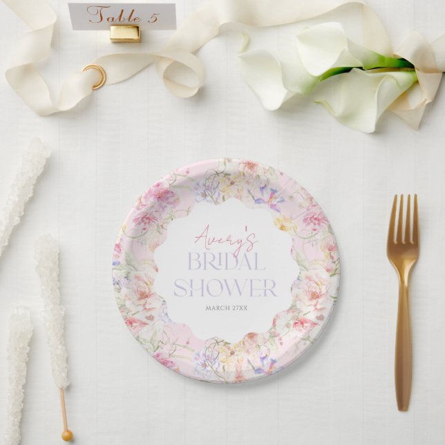 Garden Floral Wavy Wildflower Modern Bridal Shower Paper Plates (Wedding)