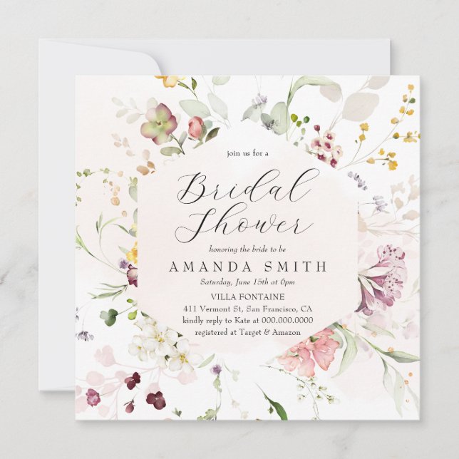 Garden Floral Wildflowers Blush Pink Bridal Shower Invitation (Front)