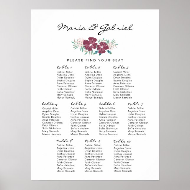 Garden flower. Beautiful Wedding  Seating Chart (Front)