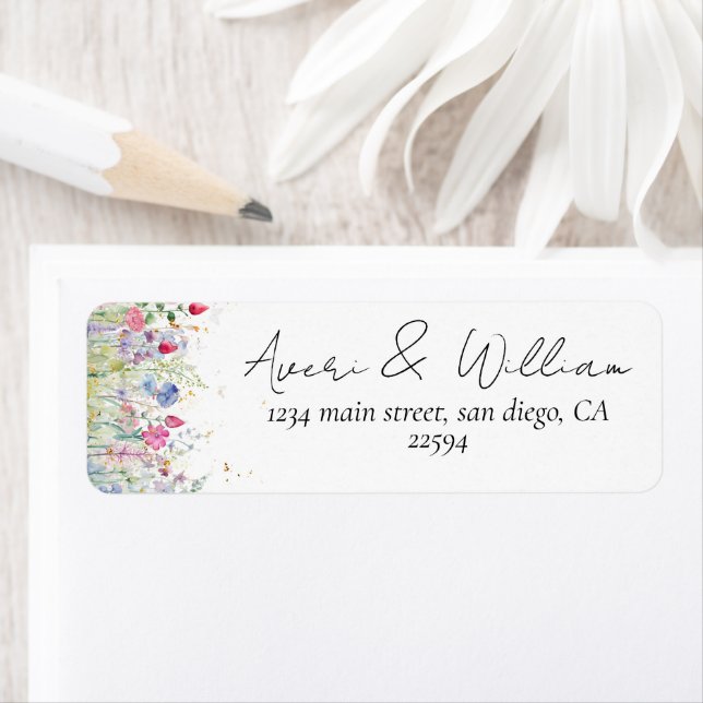 Garden Flower Watercolour Modern Photo Wedding Label (Insitu)